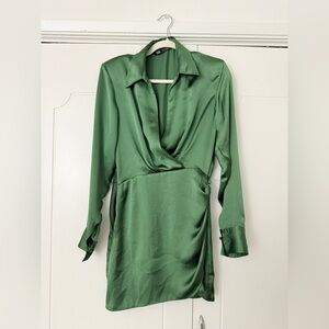 Zara Long Sleeve Green Satin Dress